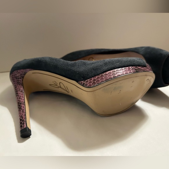 JOAN & DAVID - Blue Suede Purple Snake OpenToe High Heel Platforms - Sz 7M - Picture 11 of 14